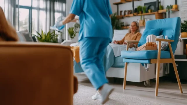 Healthcare professional assisting an elderly patient in a modern care room with comfortable seating