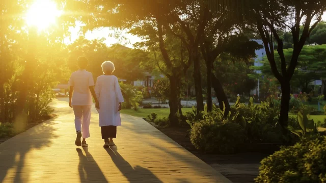 Elderly couple walking together outdoors in a peaceful park during sunset
