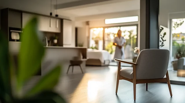 Modern care facility interior with comfortable chairs, natural light, and a welcoming living space